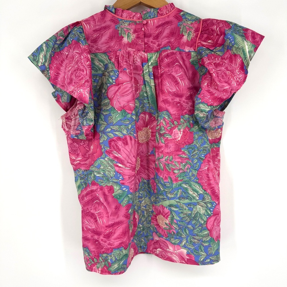 Gigio Women Small Top Pink Floral Smocked Flutter Sleeve Mock Neck Boho Cottage - Picture 4 of 6